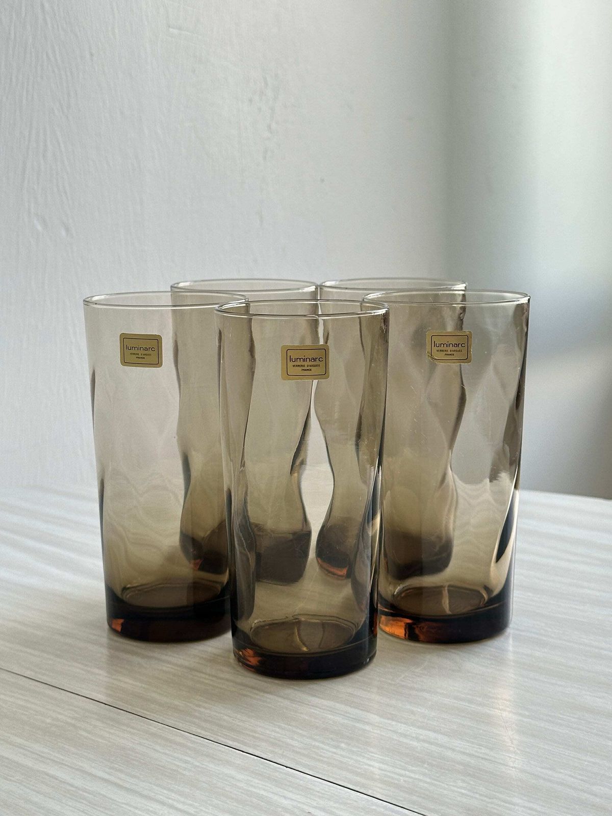 5 Smoked Water Glasses France, Orangeade Glasses With A Wavy And Minimalist Design, Modern Table Setting, Reception And Dinner Glasses, Smoked Gift Idea.
