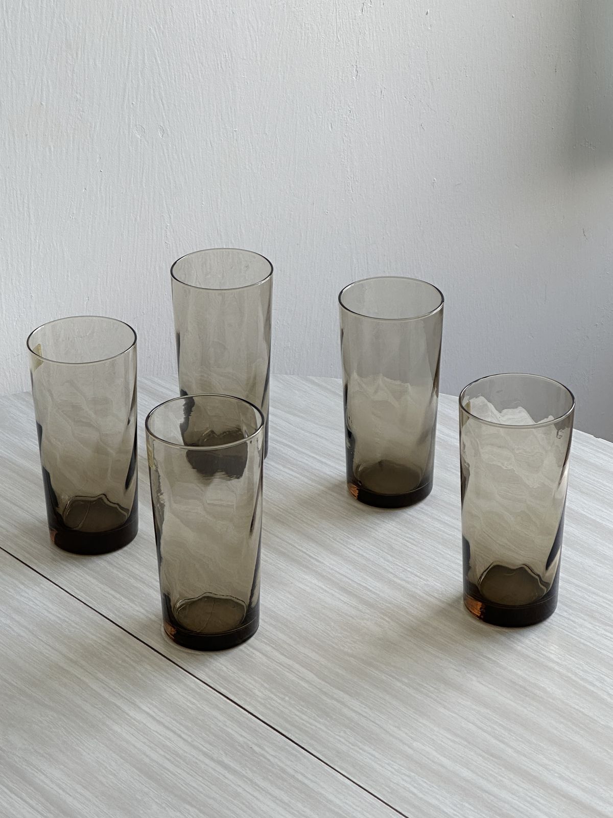 5 Smoked Water Glasses France, Orangeade Glasses With A Wavy And Minimalist Design, Modern Table Setting, Reception And Dinner Glasses, Smoked Gift Idea. photo furniture
