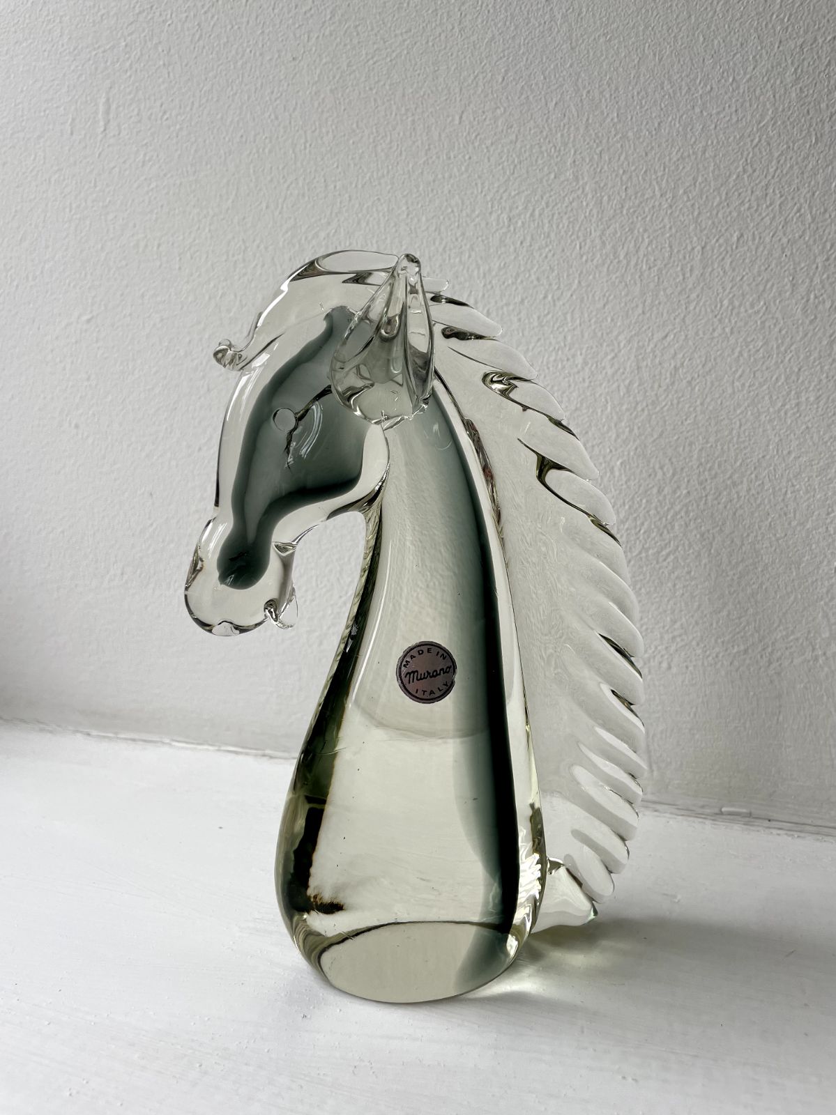 Vintage Mid Century Murano Glass Grey Horse Head Figure Sculpture Made In Italy