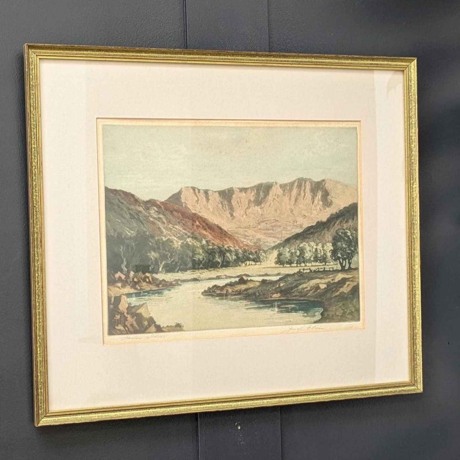 Joseph F. Pimm Hand Signed Artist Proof Etching ‘Cador Idris’ Welsh Landscape Mountain Print” photo furniture