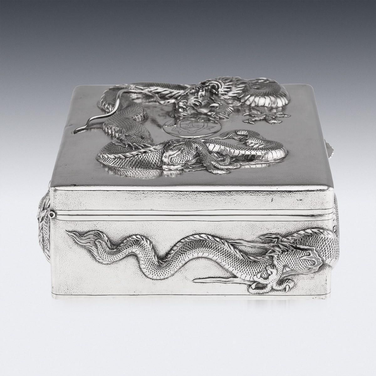 Antique 20thc Chinese Solid Silver Dragon Cigar Box, Shanghai, Zeewo C.1900 photo vinterior