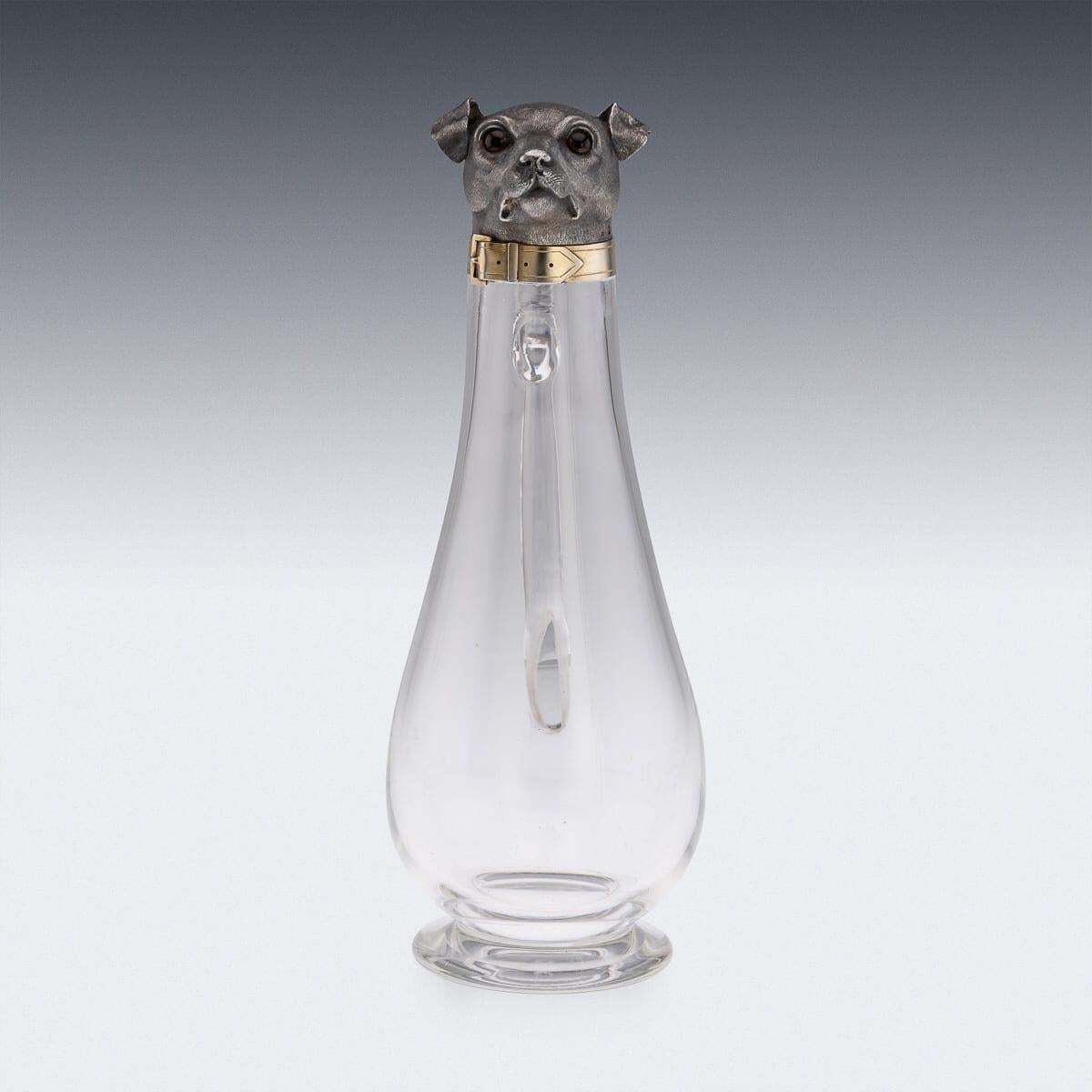 Antique 19thc Victorian Solid Silver & Clear Glass Novelty Dog Claret Jug C.1884 photo vinterior