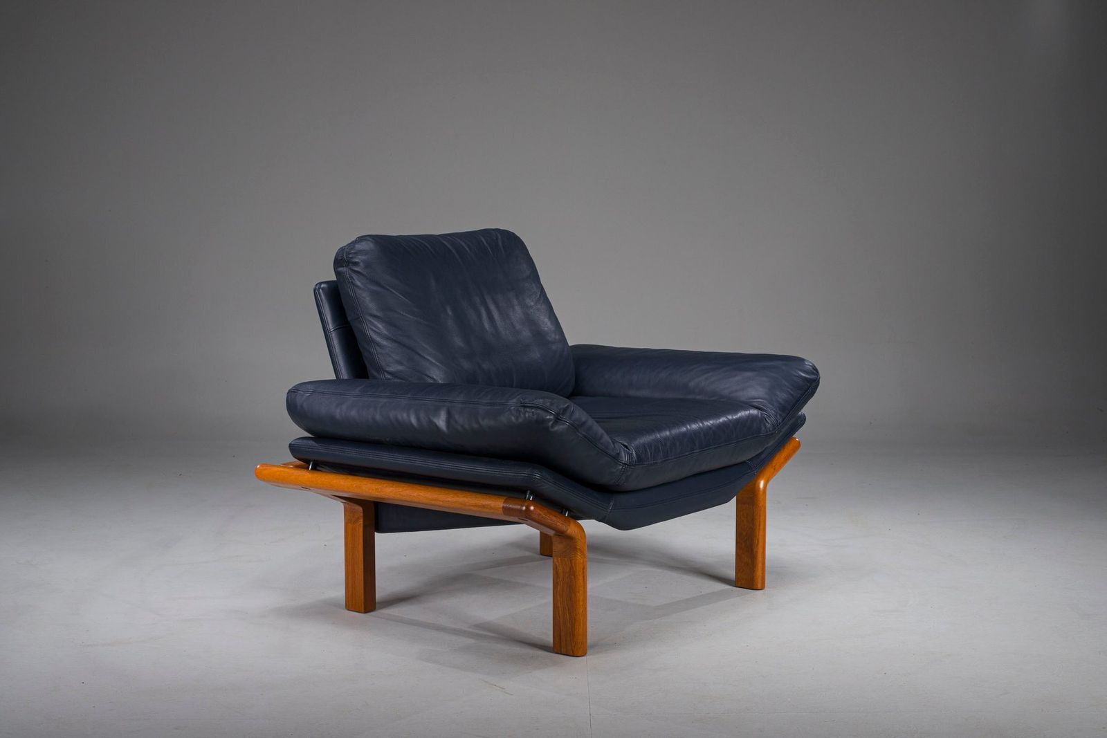 Danish Teak And Navy Blue Leather Lounge Chair From Komfort, 1970s photo furniture