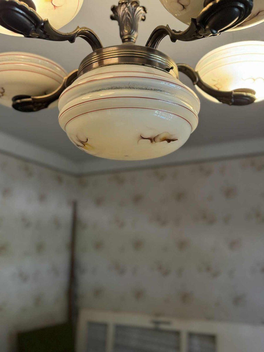 Art Deco Brass And Glass 5 Arm Chandelier, Central Europe, 1940s photo for sale