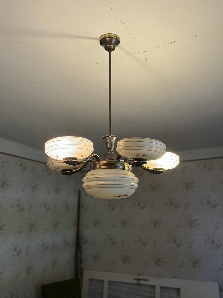 Art Deco Brass And Glass 5 Arm Chandelier, Central Europe, 1940s photo 1764.0