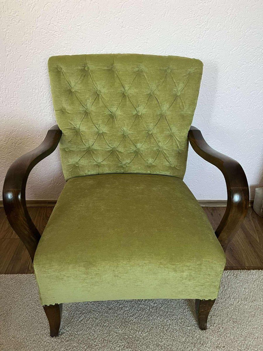 Art Deco Walnut And Green Velvet Armchair, Central Europe, 1930s