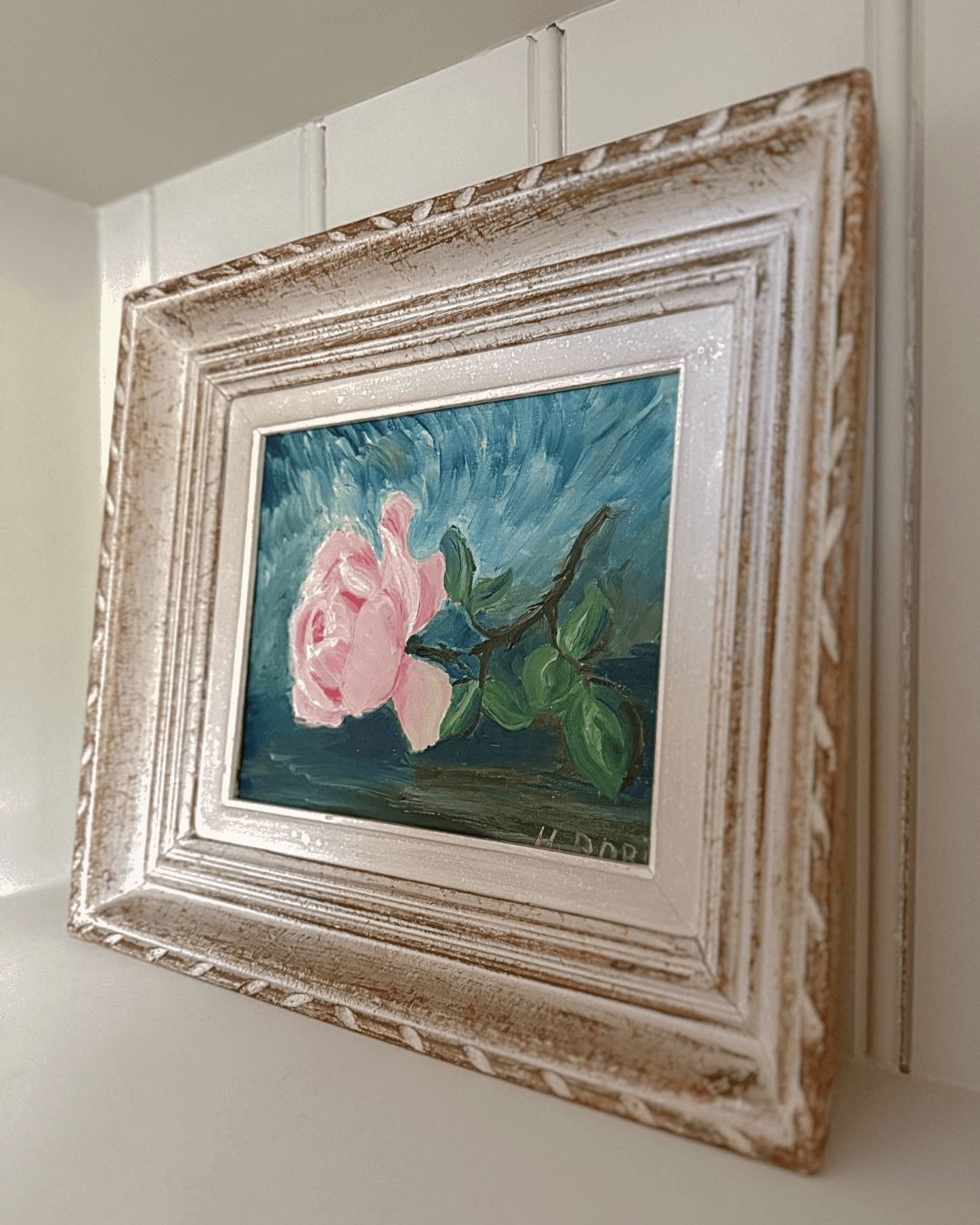 Vintage Pink Rose Oil Painting Orignal Framed Artwork photo furniture