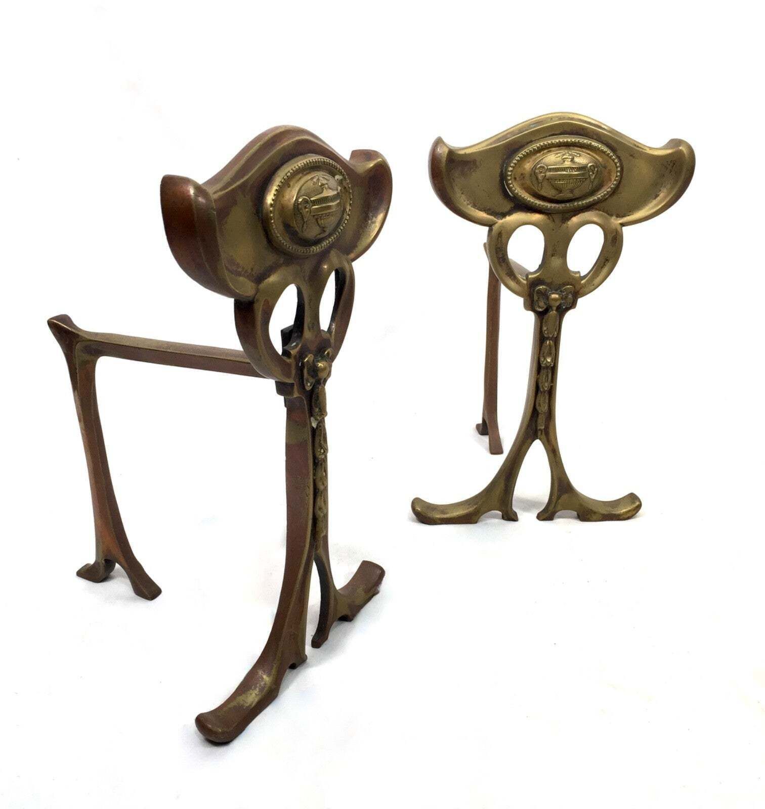Antique Pair Of Art Nouveau Brass Fire Dogs / Log Burner / C.1900 / Victorian