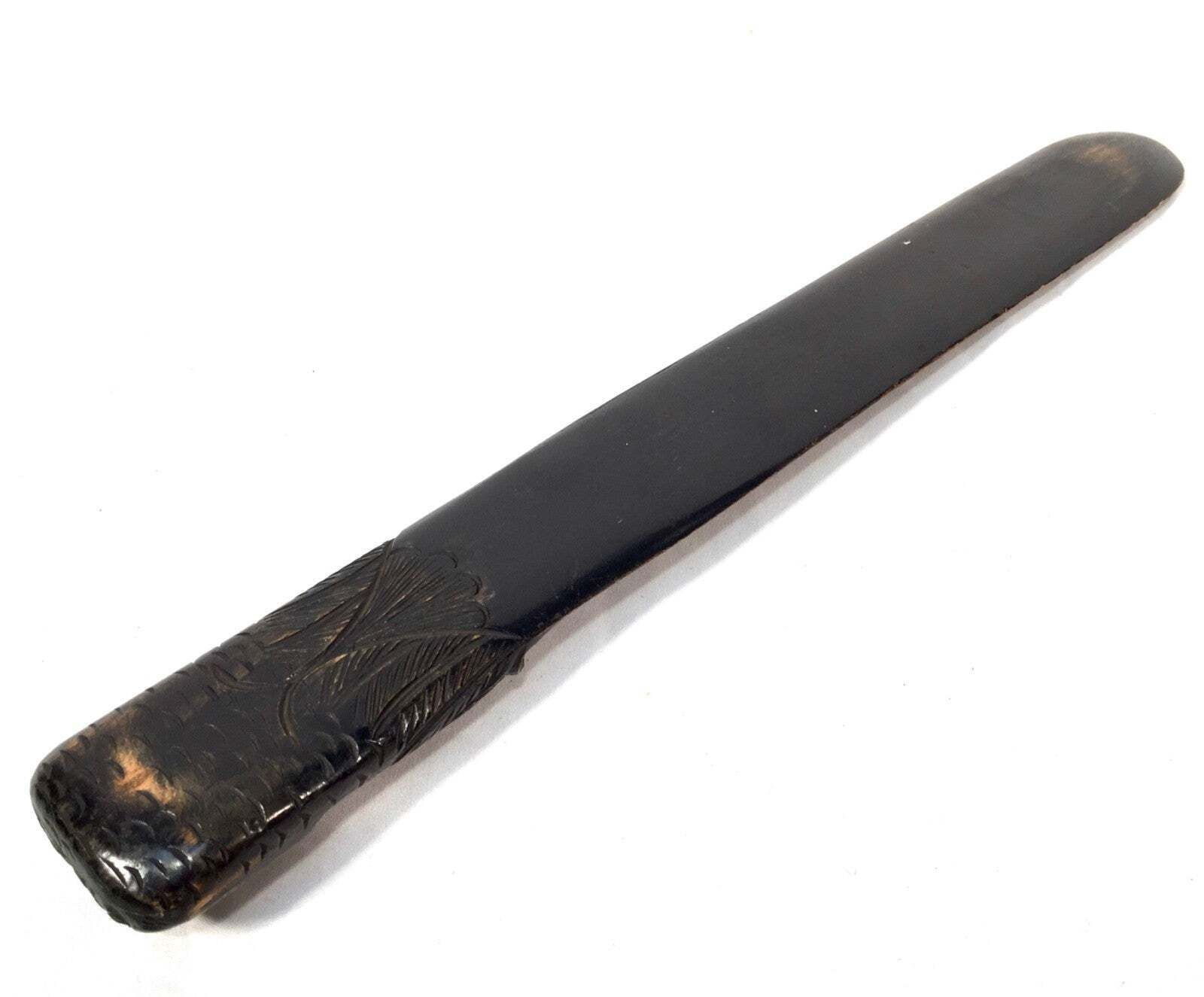 Antique Large Ebonised Carved Wood Owl Page Turner / Ceramic Eyes Treen C.1920 photo 50.0