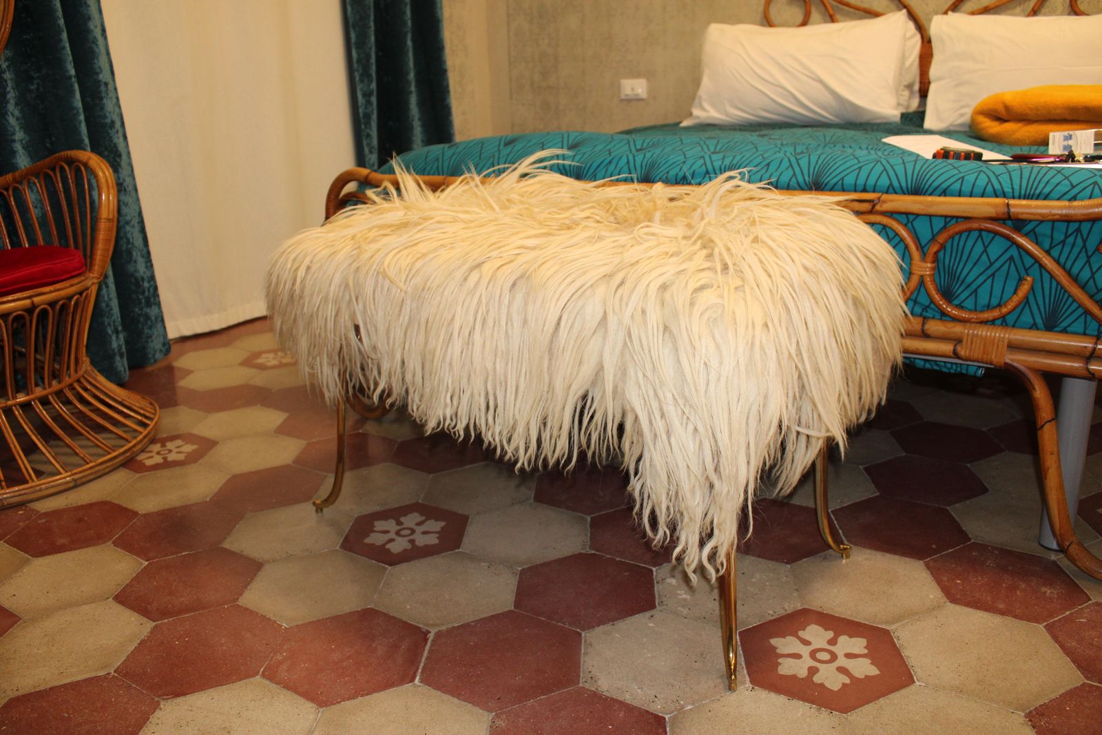 Large Mid Century Stool With Brass And Natural Sheep's Wool Feet photo furniture