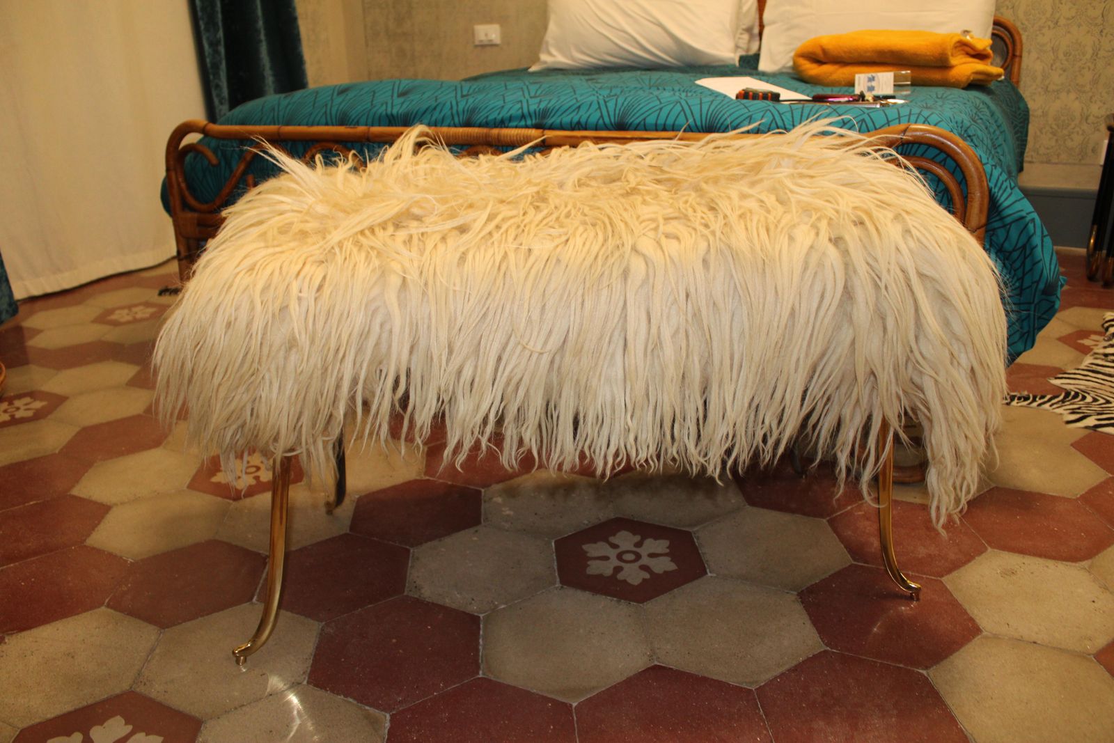 Large Mid Century Stool With Brass And Natural Sheep's Wool Feet photo for sale
