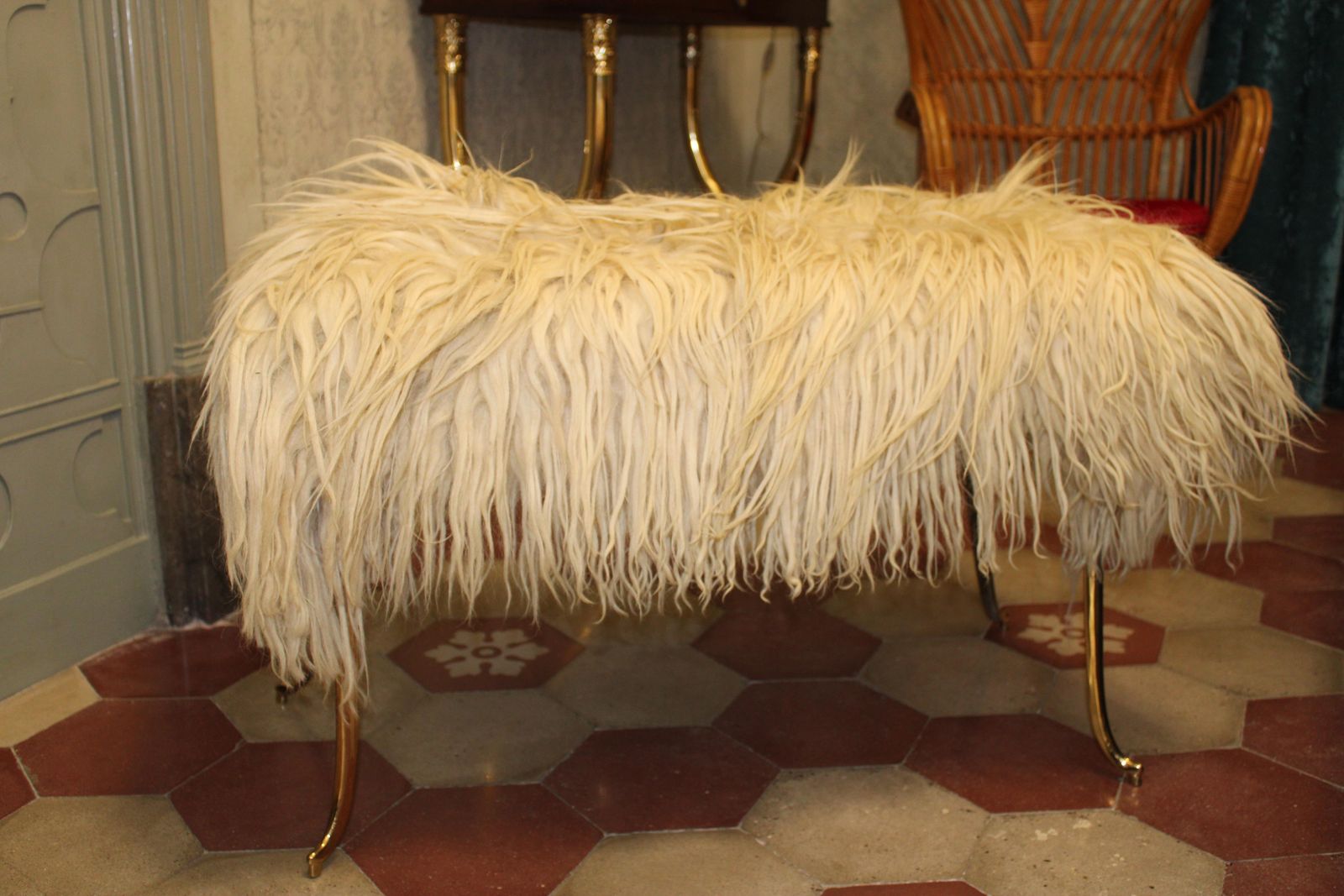 Large Mid Century Stool With Brass And Natural Sheep's Wool Feet photo vintage