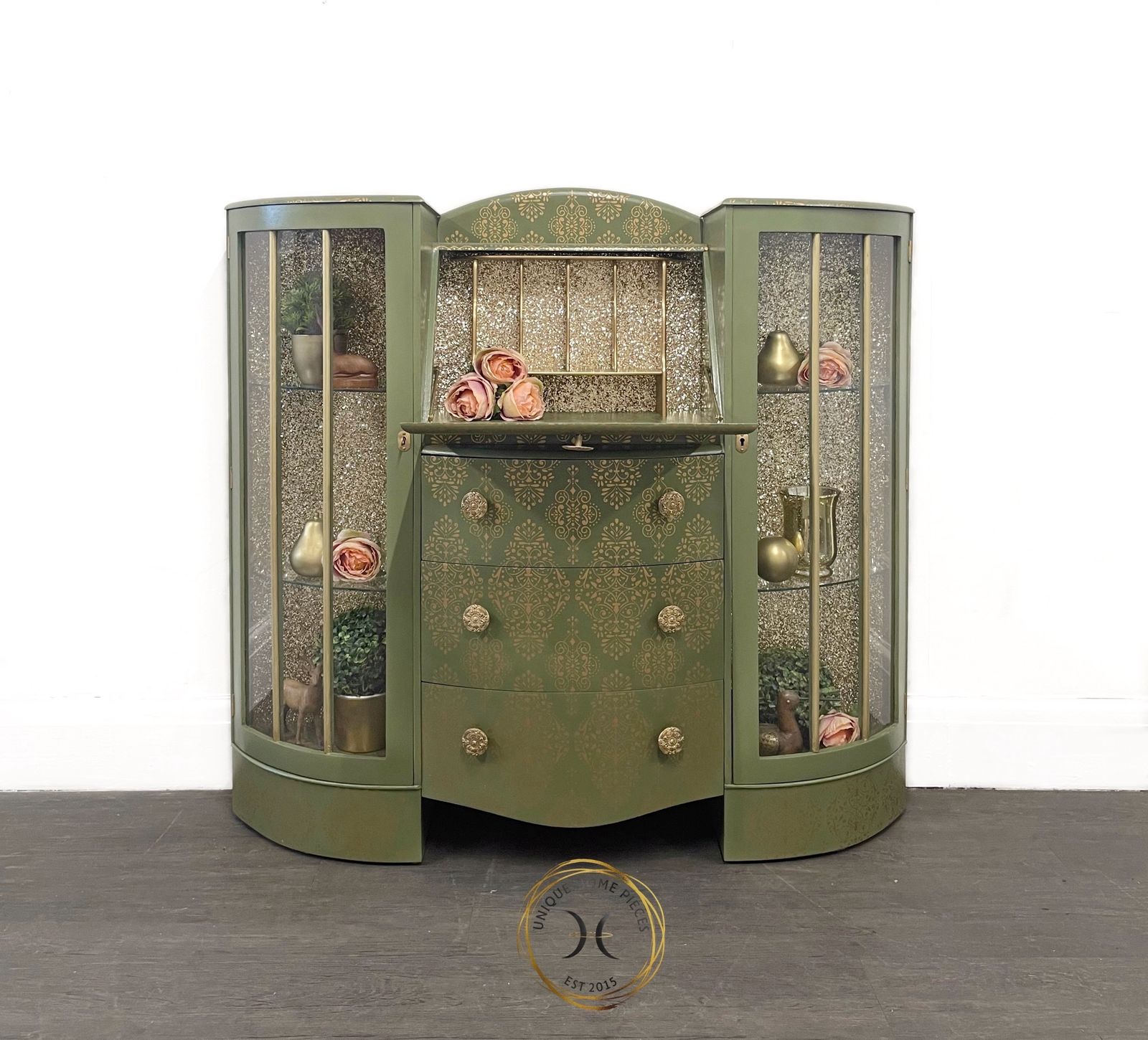 Green And Gold Art Deco Style Bureau/ Display Cabinet photo buy