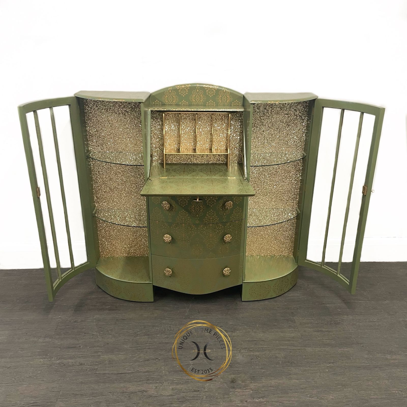 1695.0 Green And Gold Art Deco Style Bureau/ Display Cabinet photo