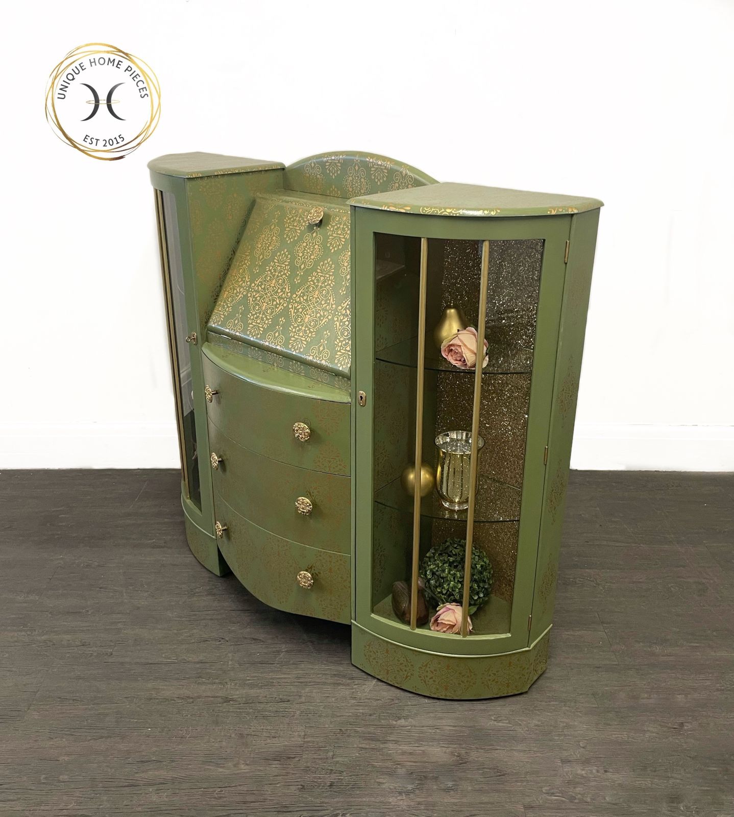 photo vintage Green And Gold Art Deco Style Bureau/ Display Cabinet