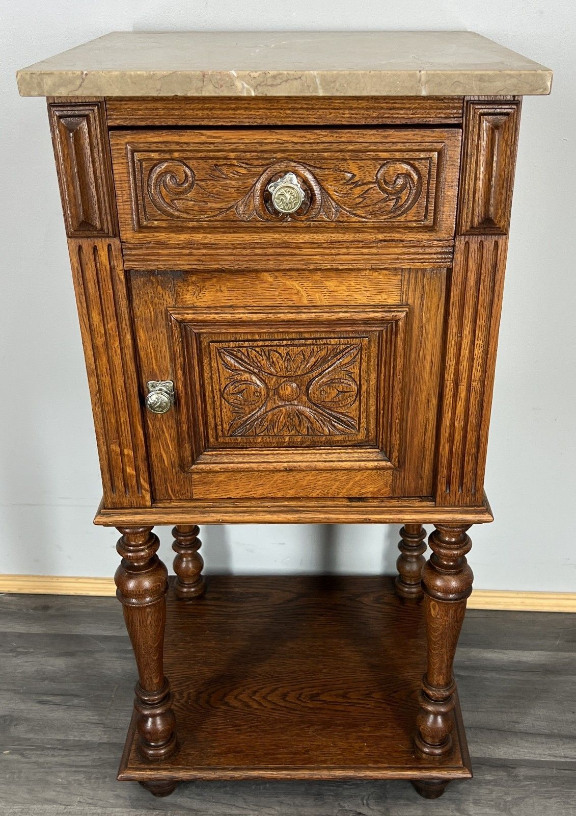 Bedside Table Antique French Oak With Marble Top Carved Cabinet Lot 4333 photo for sale