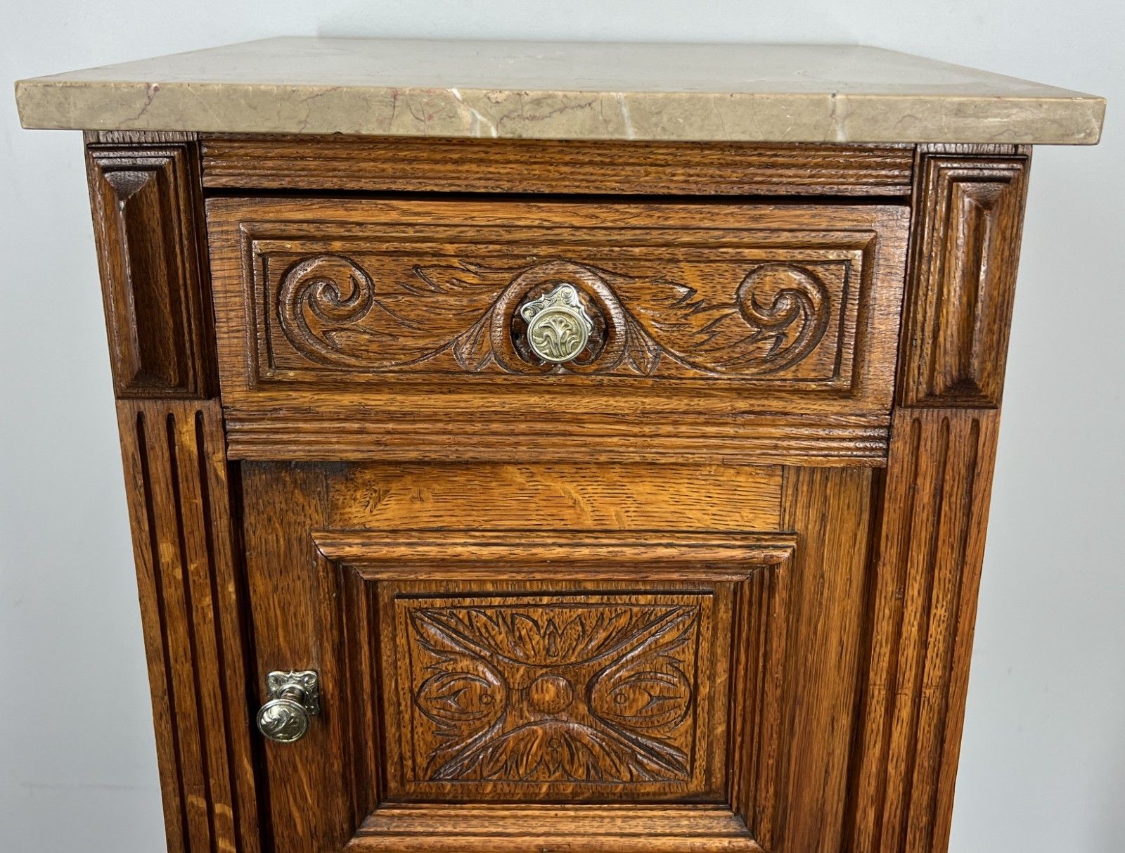 Bedside Table Antique French Oak With Marble Top Carved Cabinet Lot 4333 photo Furniture