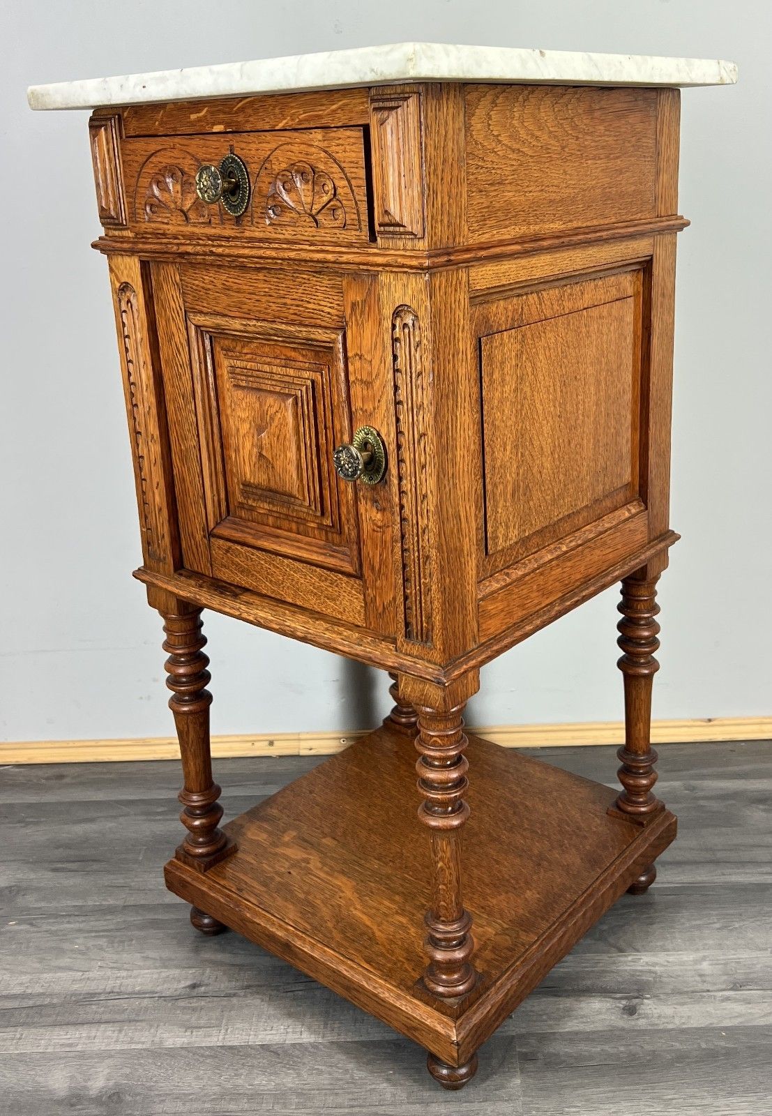 Bedside Table Antique French Oak With Marble Top Carved Cabinet Lot 4335 photo furniture