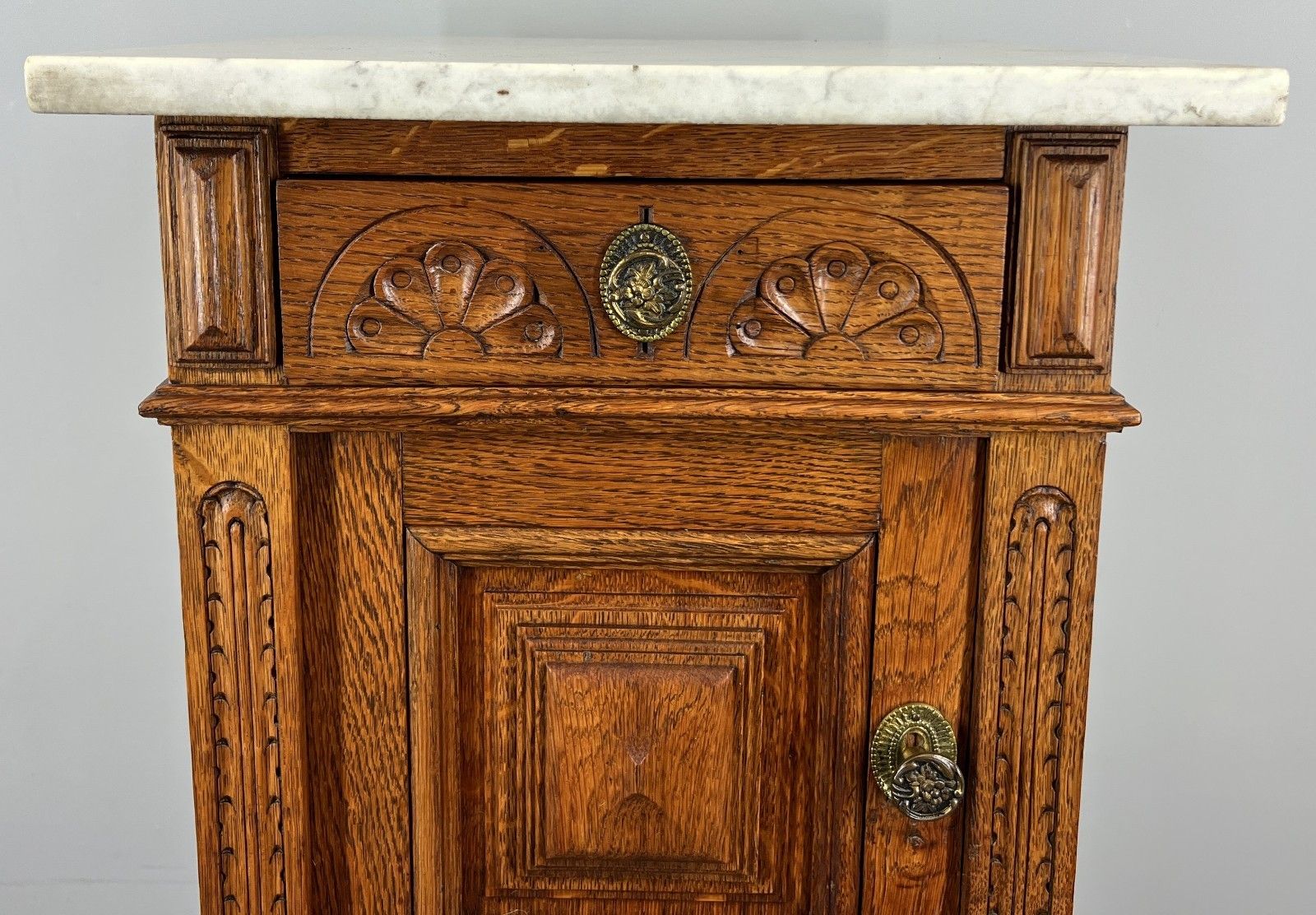 Bedside Table Antique French Oak With Marble Top Carved Cabinet Lot 4335 photo Furniture