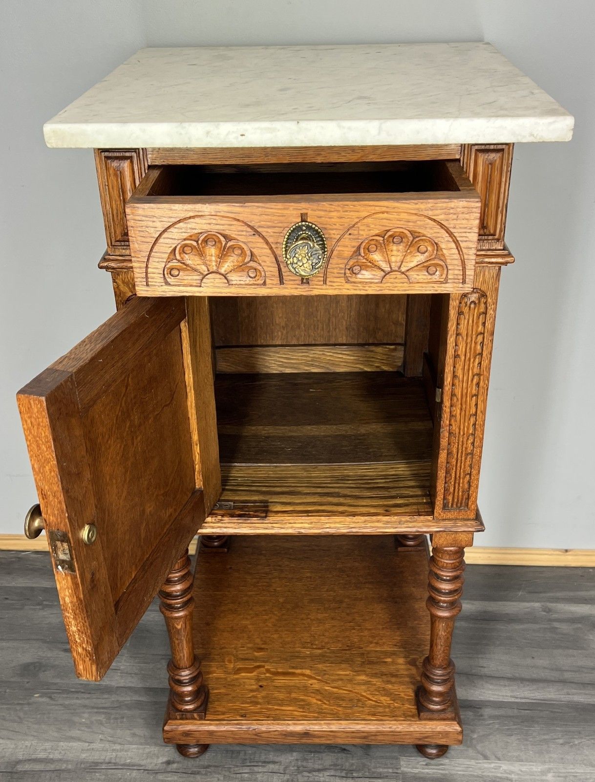 Furniture Bedside Table Antique French Oak With Marble Top Carved Cabinet Lot 4335 photo