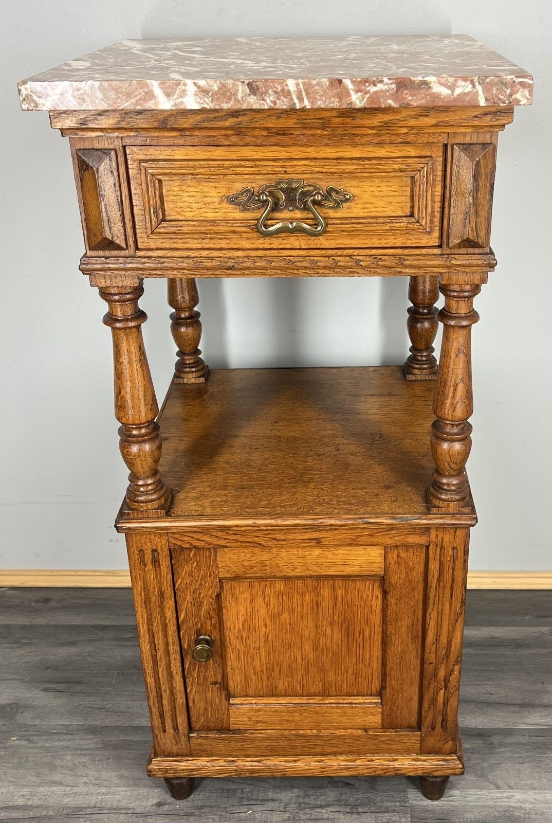 Bedside Table Antique French Oak With Marble Top Carved Cabinet Lot 4338 photo for sale