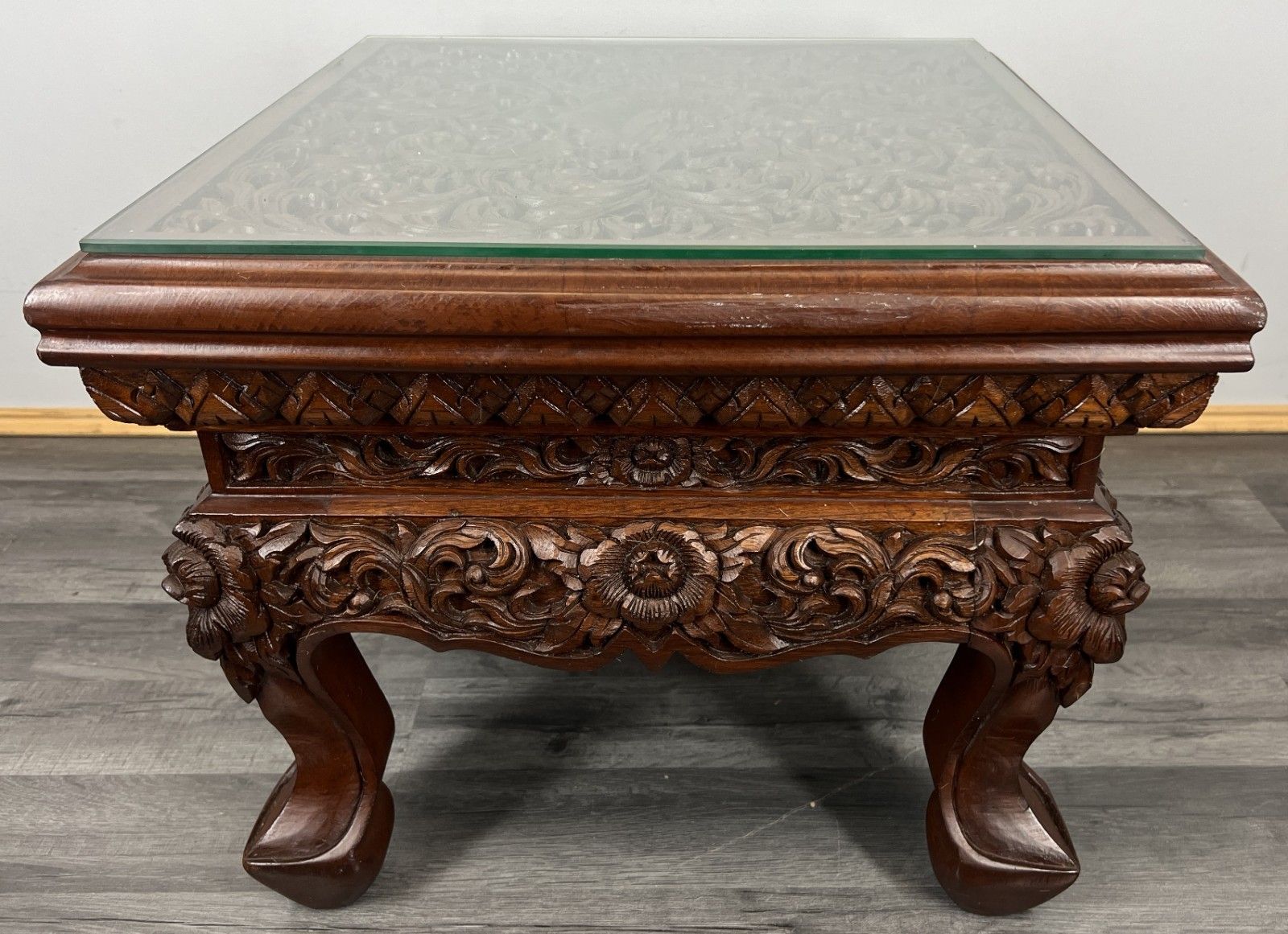 Plant Stand Coffee Table Chinese Mahogany Hand Carved Design Glass Top Lot 4327 photo Furniture