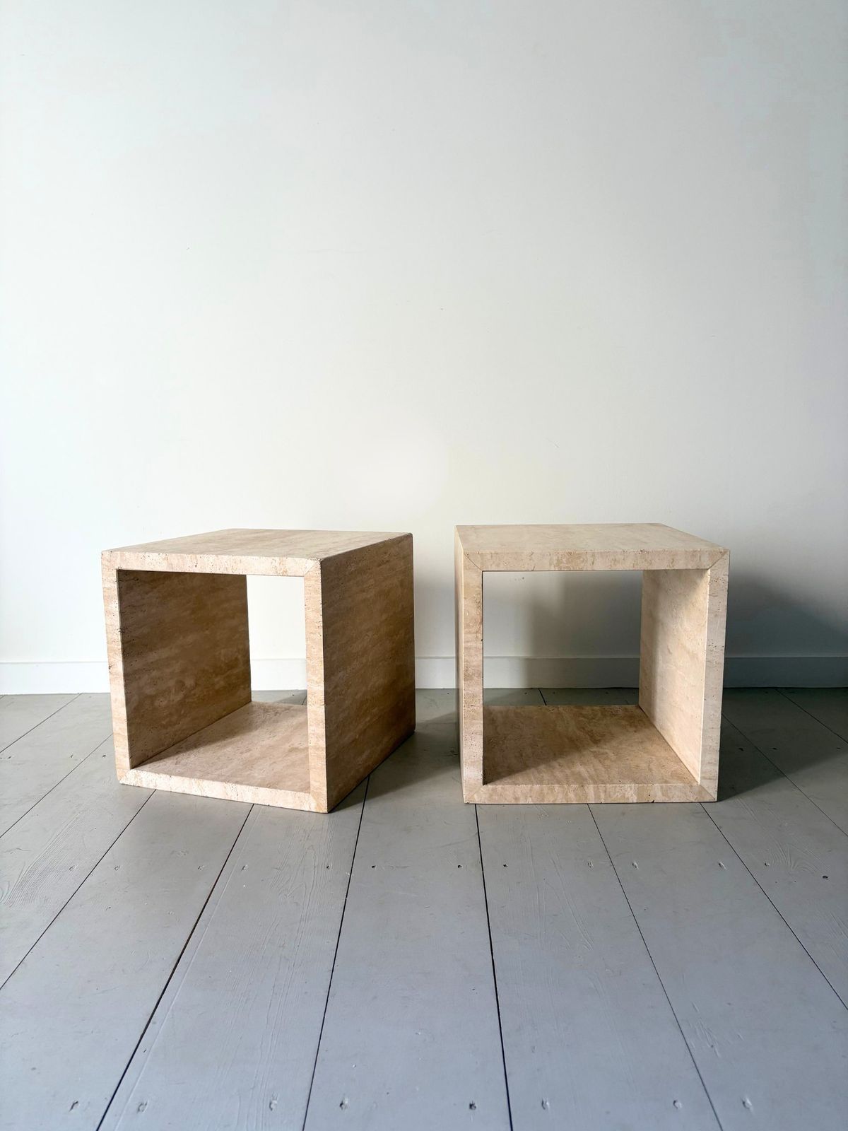 Travertine Marble Cube Tables Vintage 20th Century Italian Side Table Stools, Set Of Two photo for sale
