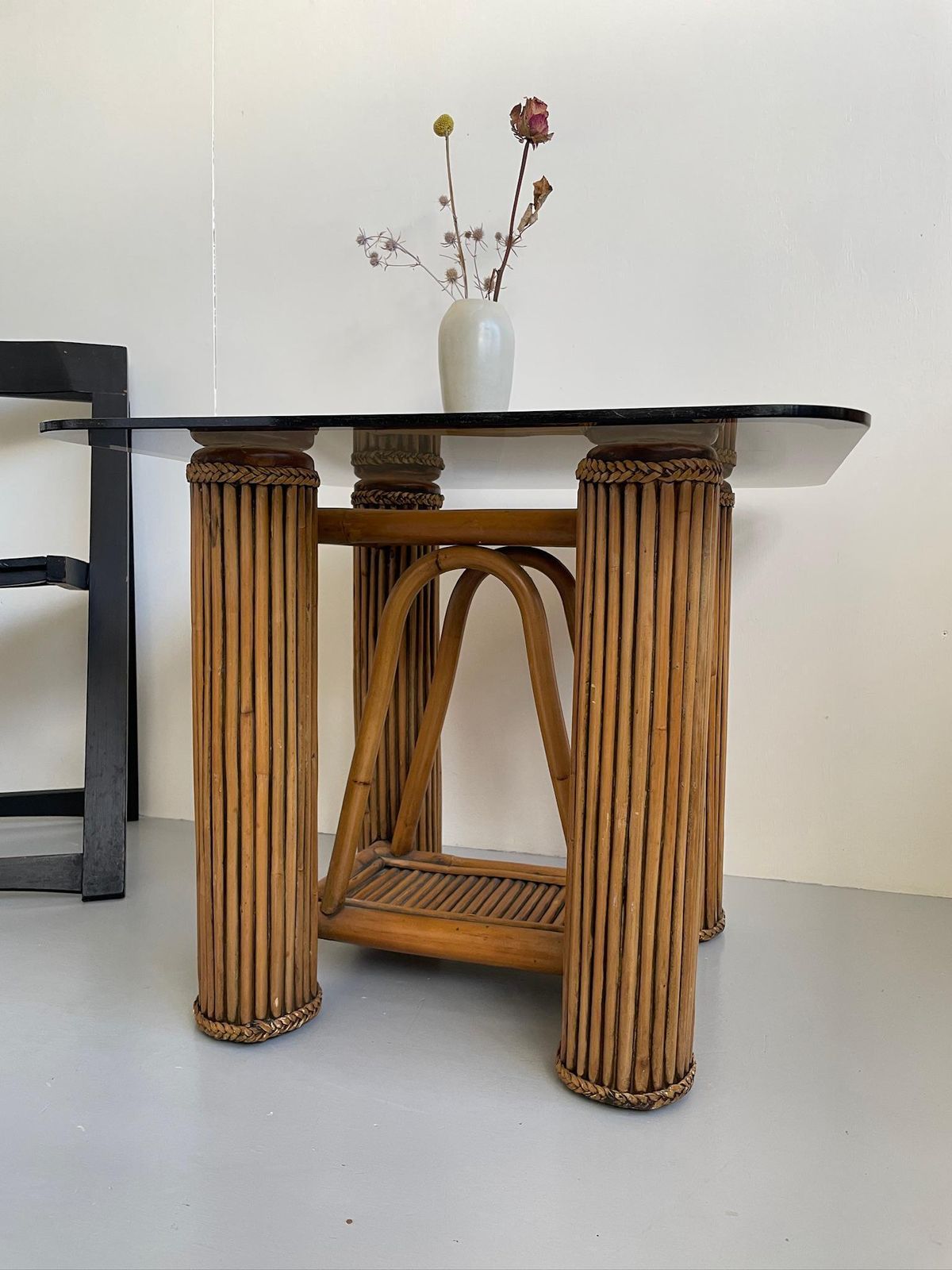 Bamboo Postmodern Column Side Table And Smoked Glass Top Pomo