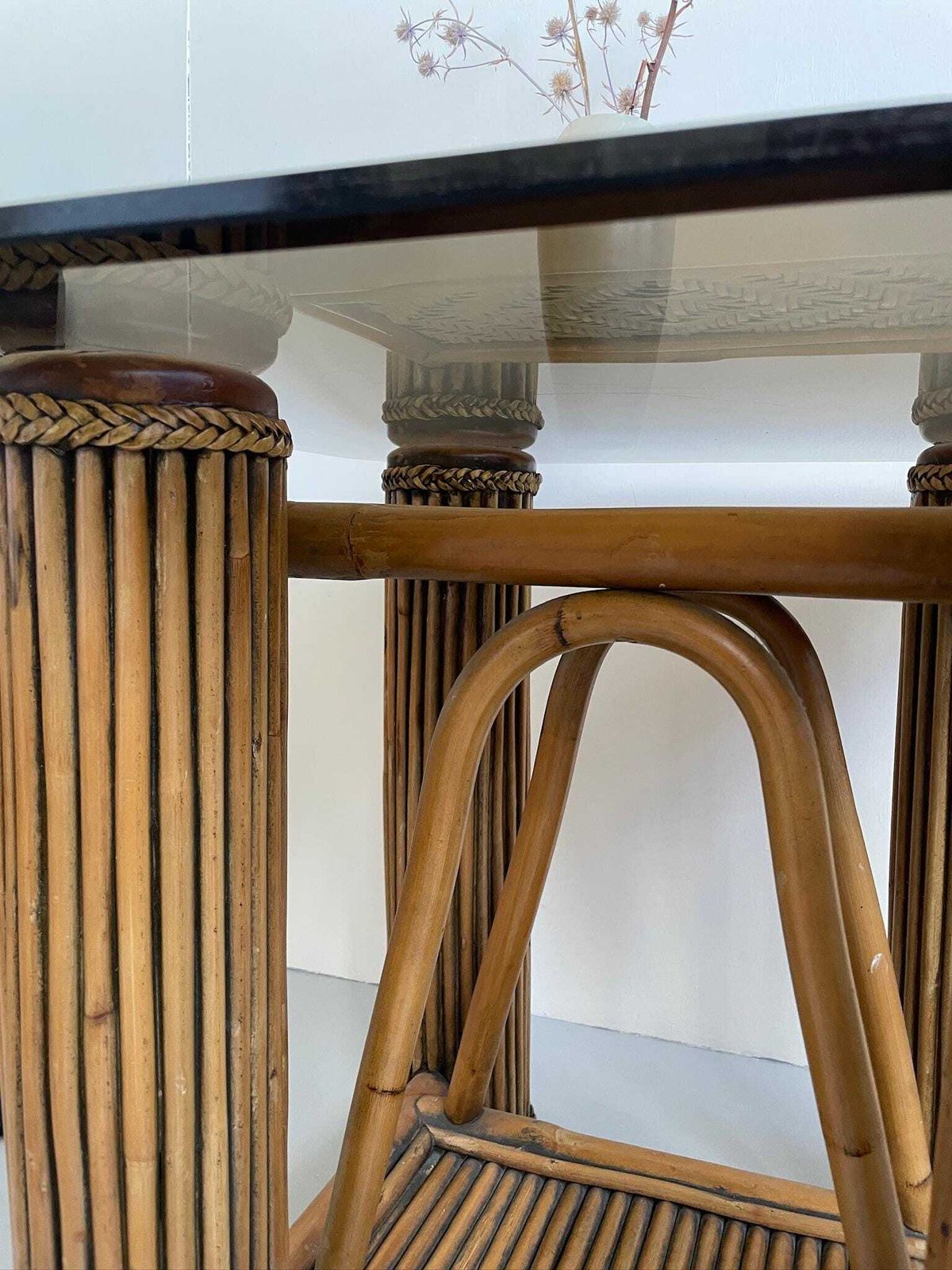 Bamboo Postmodern Column Side Table And Smoked Glass Top Pomo photo furniture
