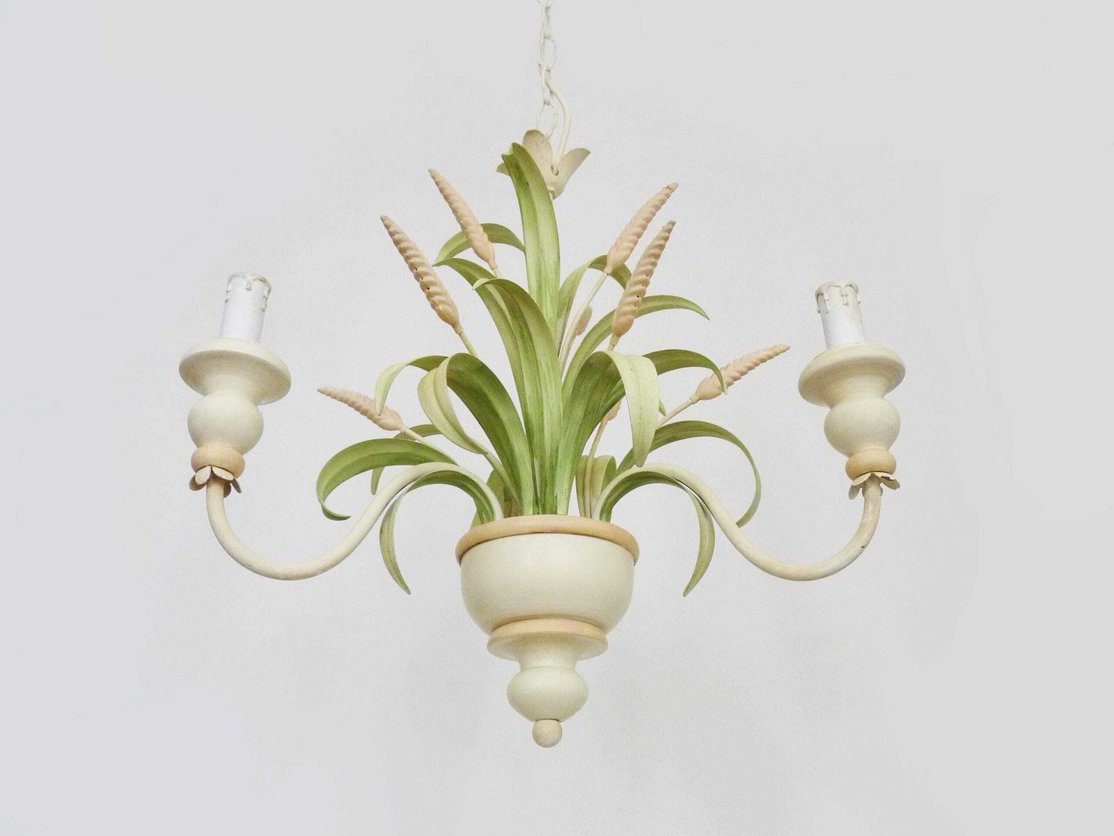 Vintage Masca Wheat Ear Chandelier In Off White And Pastel Green Metal, Antique Lighting, 3 Light Chandelier photo vinterior