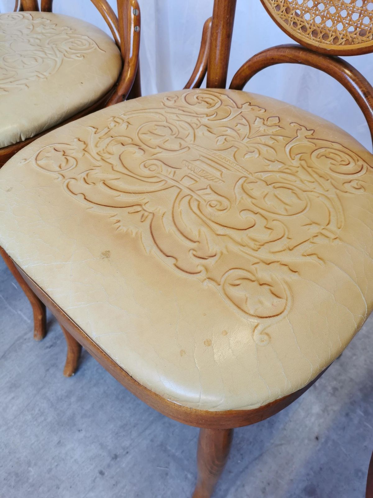 Set Of 4 Vintage Bentwood Dining Chairs: Cane Back, Leather Seat, Thonet Style photo buy