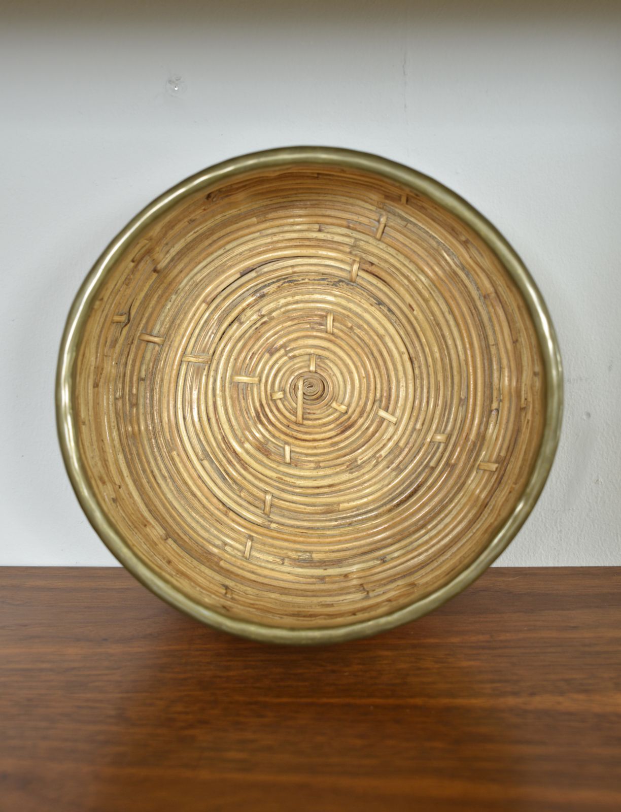 photo furniture Rattan Cane Brass Bowl Centrepiece By Vivai Del Sud Gabriella Crespi Style Italy 1970s