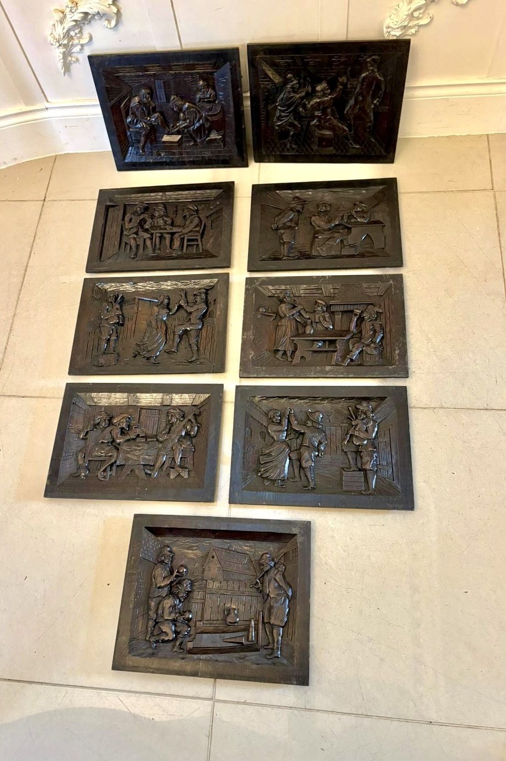 Set Of Nine Antique 19th Century Hand Carved Oak Panels