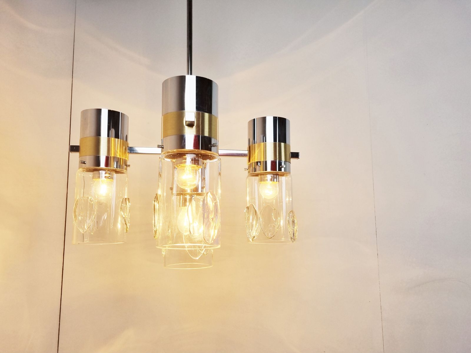 Vintage Italian Glass And Chrome Chandelier, 1970s