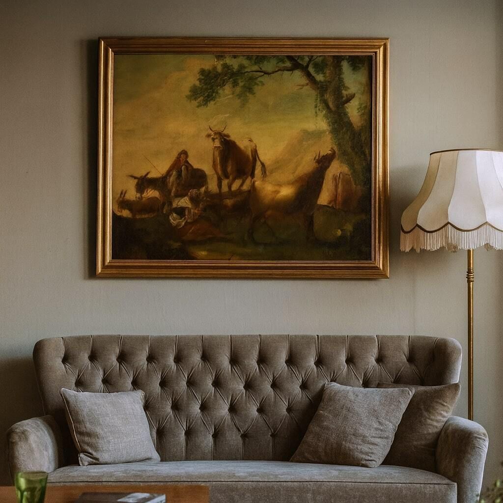 Antique Painting Landscape With Shepherds XVIII Century photo furniture