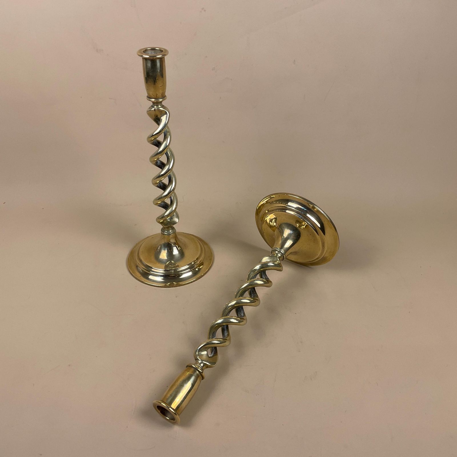 Antique Matching Pair Of Gold Brass Metal Candlestick Candle Stick Holders Vintage Column Taper Dinner Candlesticks Twisted Twist Round Base photo furniture