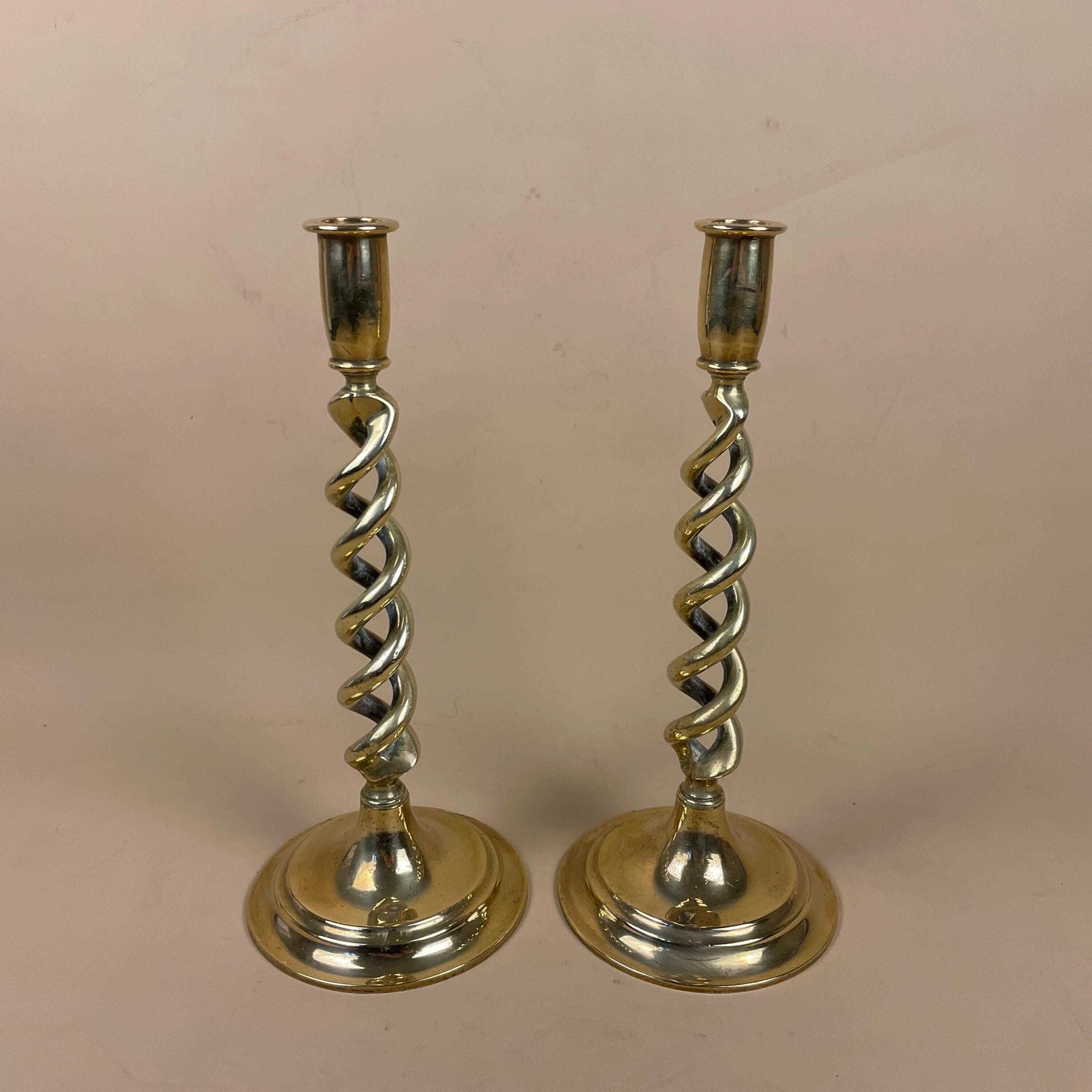 Antique Matching Pair Of Gold Brass Metal Candlestick Candle Stick Holders Vintage Column Taper Dinner Candlesticks Twisted Twist Round Base photo for sale