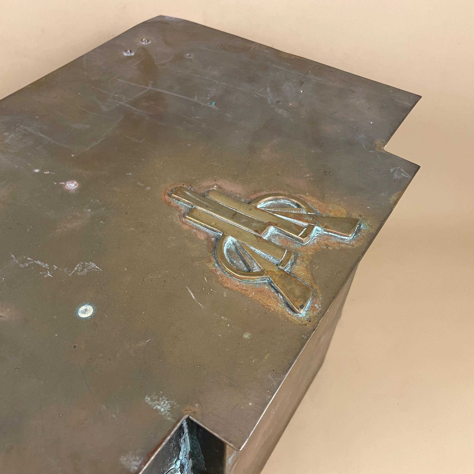 Antique Metal Gold Brass Coal Bucket Handle Art Nouveau Rectangle Fire Side Scuttle Farmhouse Wood Patina Vintage Fireplace Box Lidded Lid photo vinterior