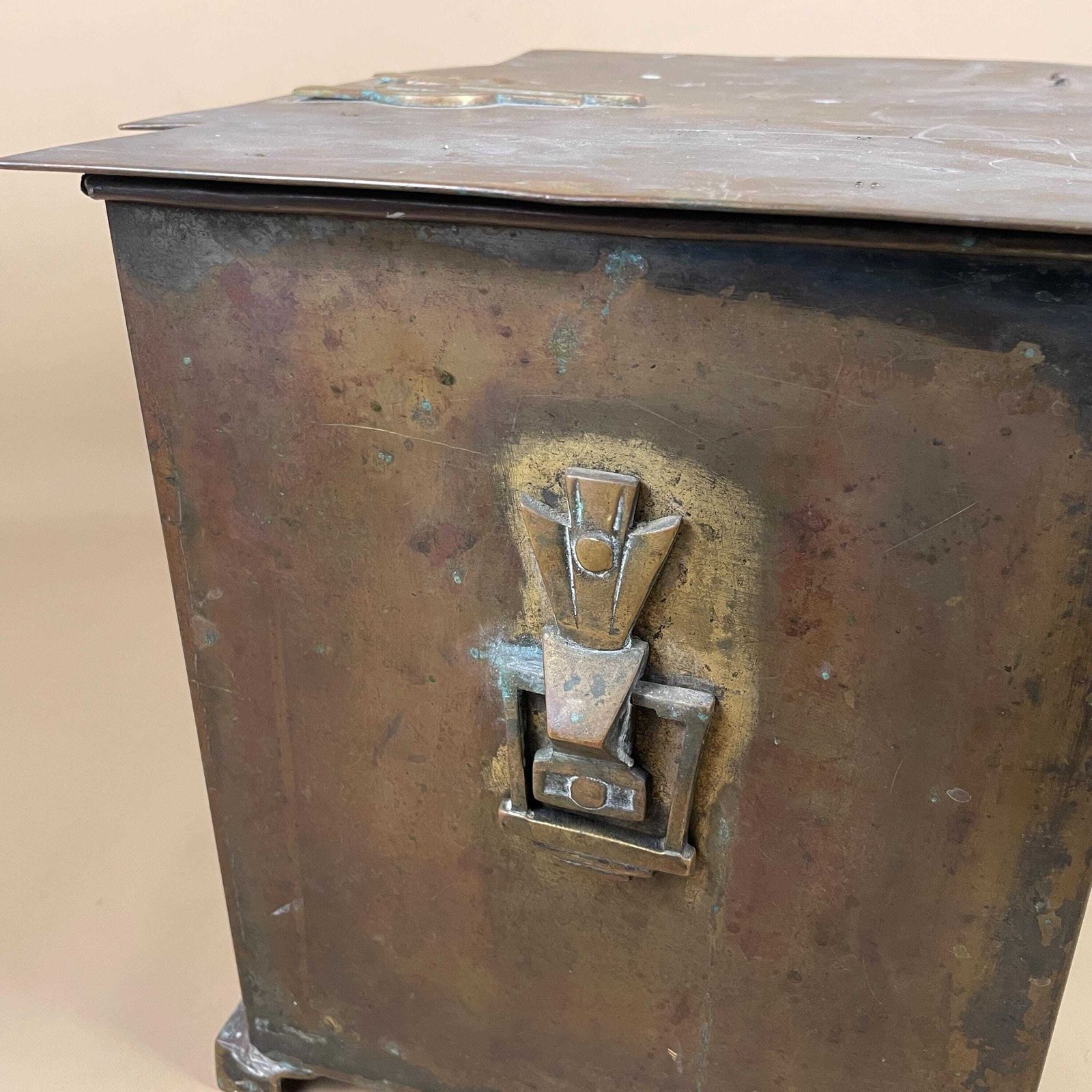 Home Decor Antique Metal Gold Brass Coal Bucket Handle Art Nouveau Rectangle Fire Side Scuttle Farmhouse Wood Patina Vintage Fireplace Box Lidded Lid photo