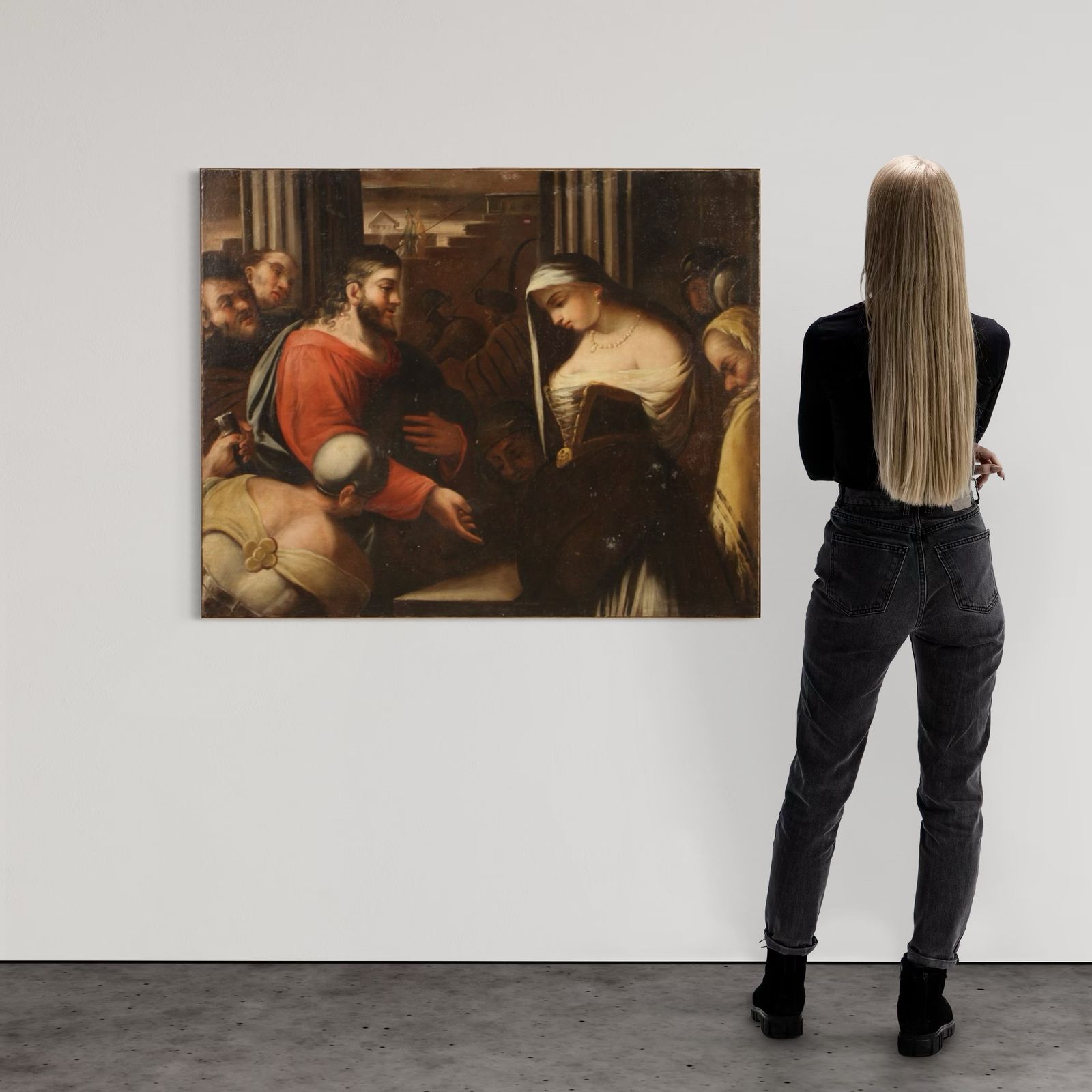 Antique Italian Painting Christ And The Adulteress From The 18th Century photo for sale