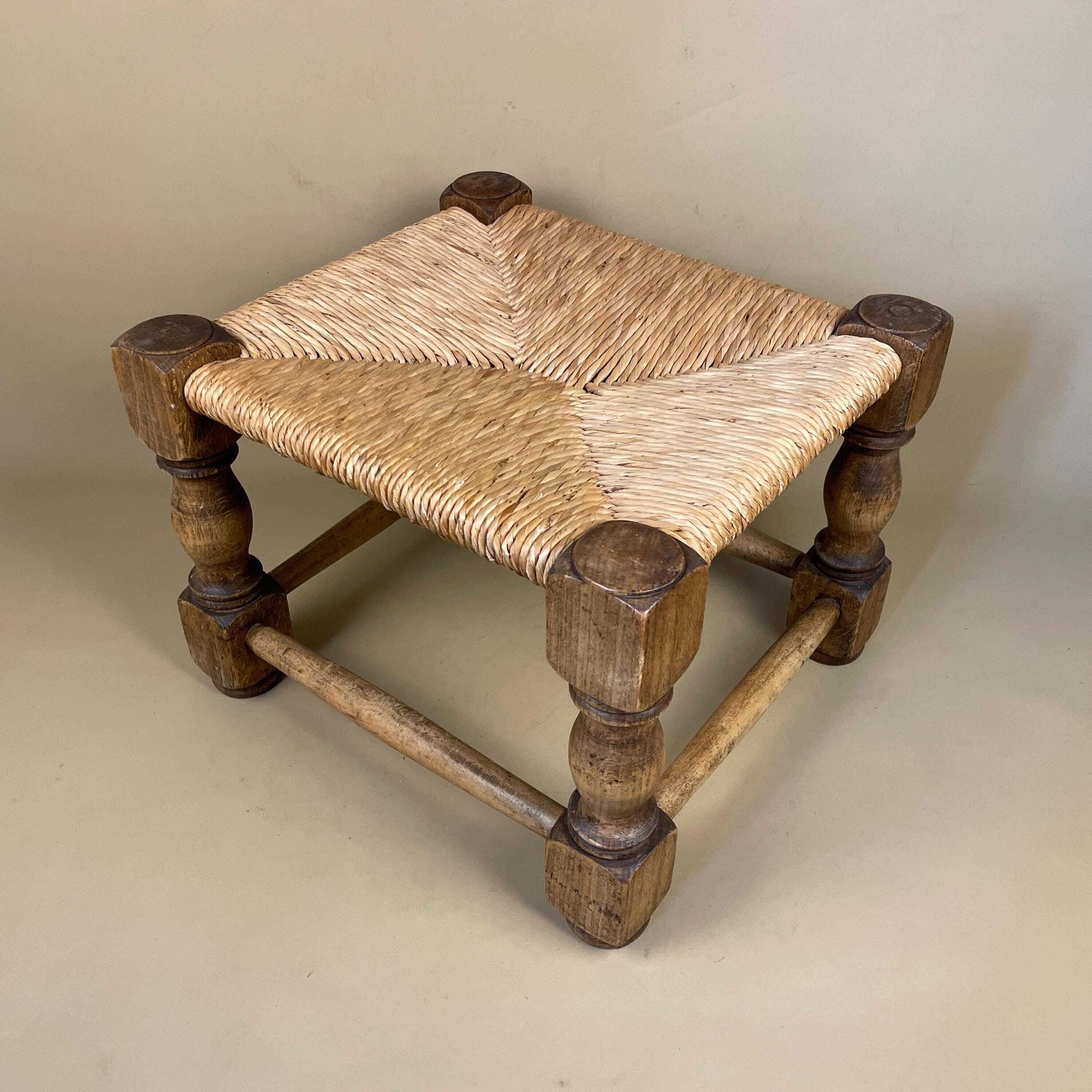 Wooden Foot Stool Woven Straw Wood Cottage Furniture Rectangle Brown Hallway Seat 27.3x37x33cm Footstool Bench Antique Seat Solid photo for sale