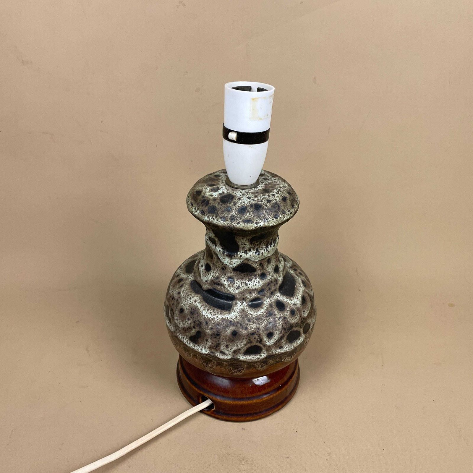 Ceramic Table Lamp Light Brown Mottled Speckled Round Retro Glaze Finish C.1970's Porcelain Bedside Abstract Antique Vintage Marbled photo furniture