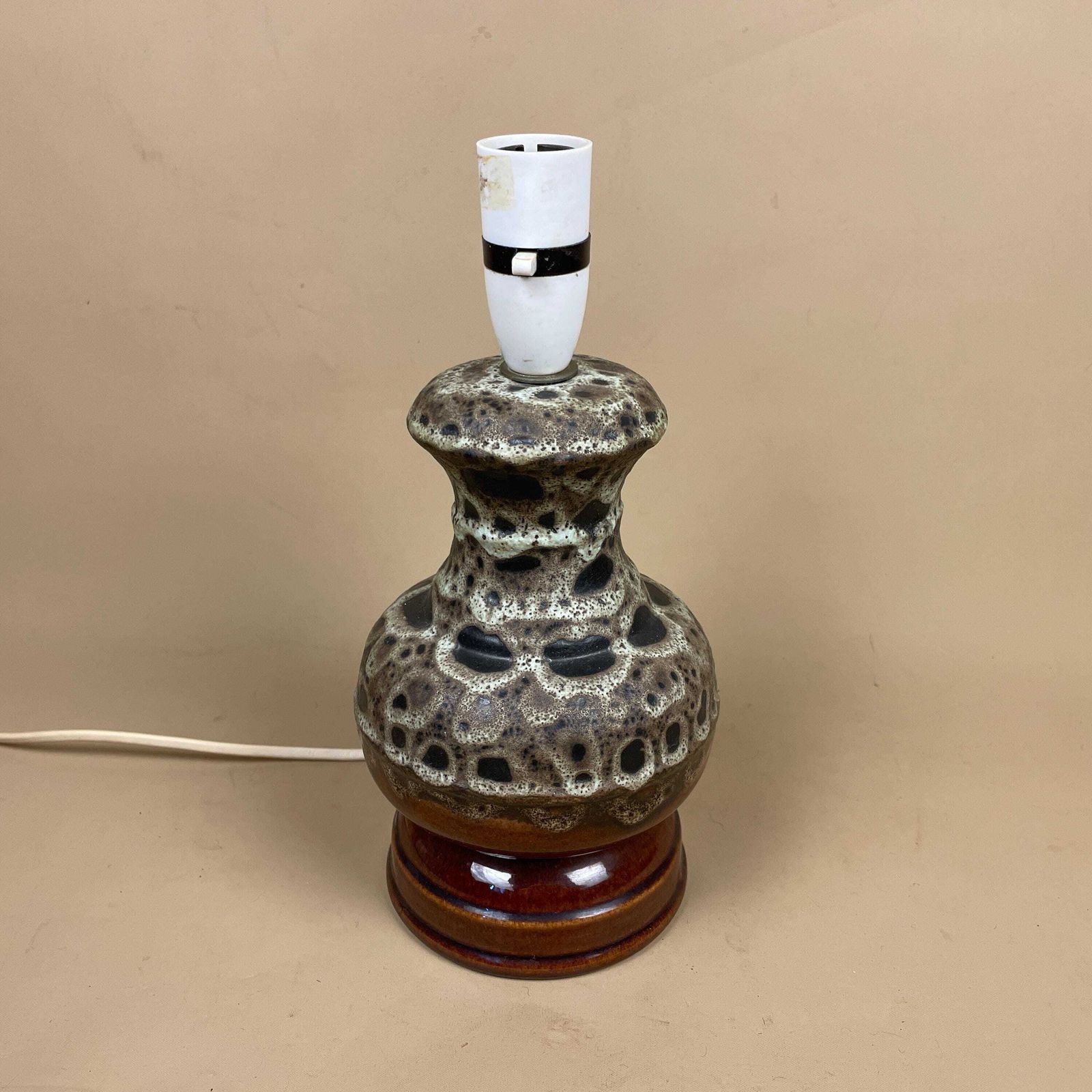 Ceramic Table Lamp Light Brown Mottled Speckled Round Retro Glaze Finish C.1970's Porcelain Bedside Abstract Antique Vintage Marbled photo 79.0