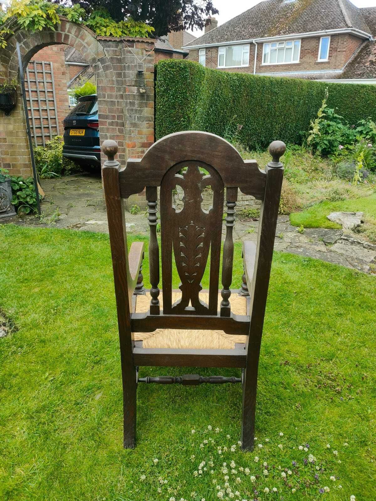 Beautiful Jacobean Revival Hall Chair – Carved Oak With Rush Seat – C.1880–1910 photo furniture