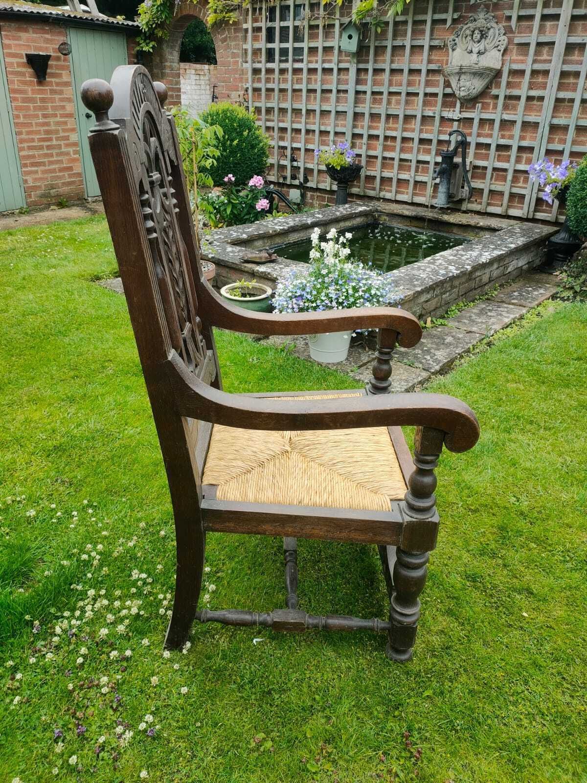 Beautiful Jacobean Revival Hall Chair – Carved Oak With Rush Seat – C.1880–1910 photo Furniture