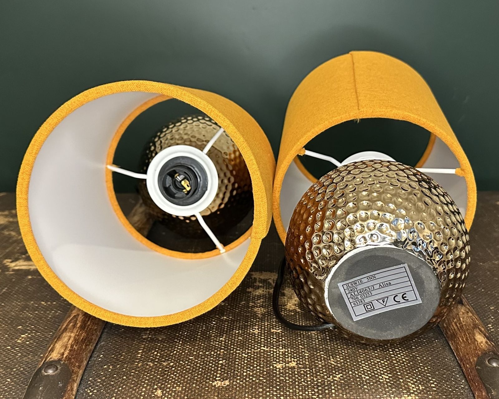 Pair Of Alisa Gold Dimpled Lamps Vibrant Orange Drum Shades photo for sale