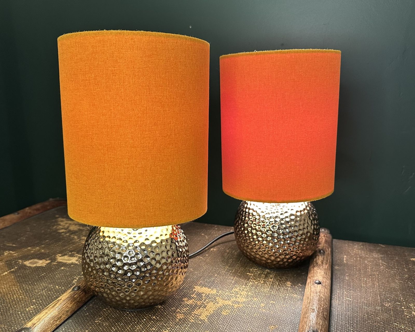 Pair Of Alisa Gold Dimpled Lamps Vibrant Orange Drum Shades photo Lighting