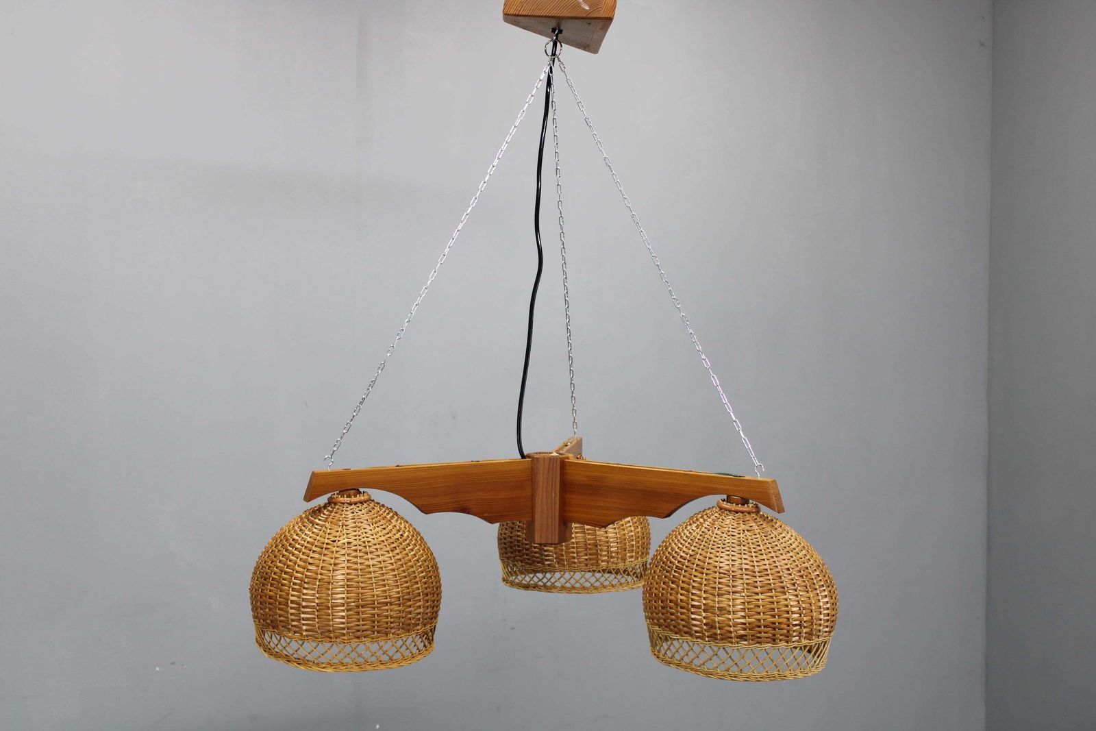 1970s Czechoslovakian Rattan & Pine Pendant Light, Three Shade Chandelier photo for sale