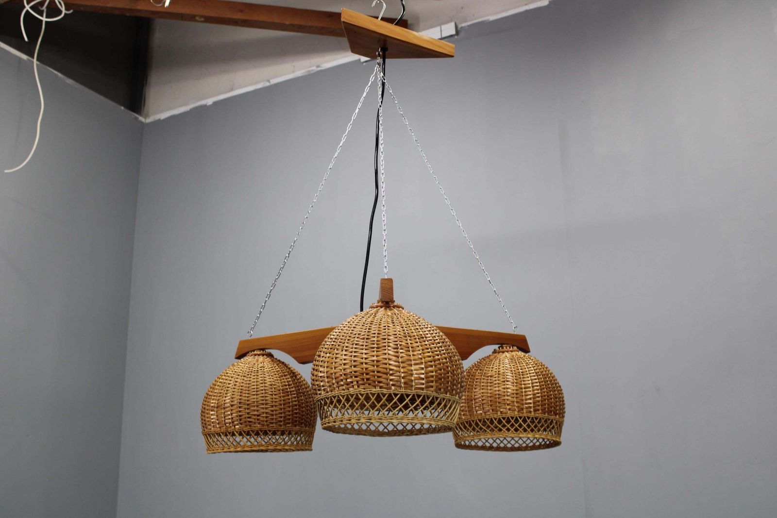 1970s Czechoslovakian Rattan & Pine Pendant Light, Three Shade Chandelier photo Lighting