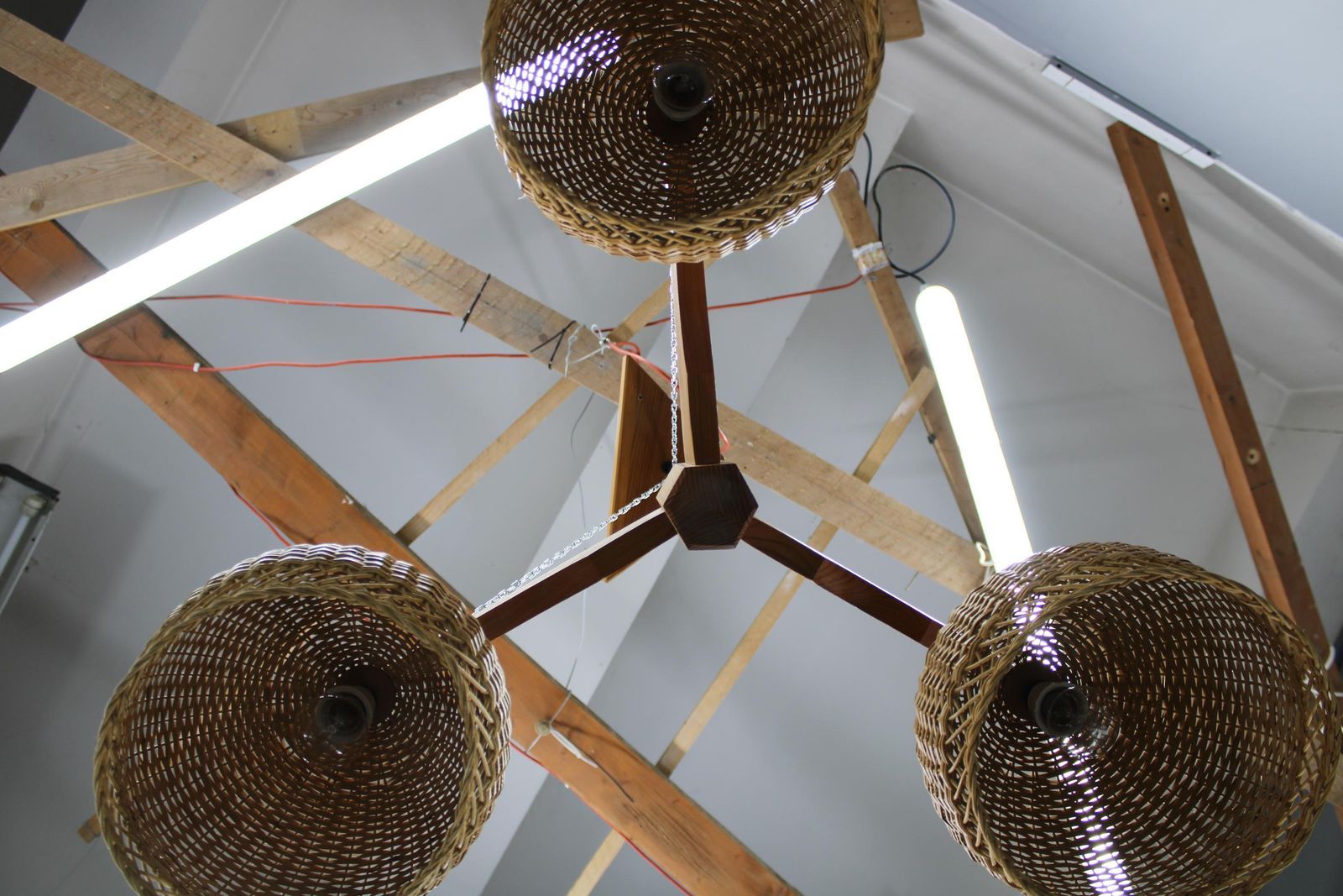 1970s Czechoslovakian Rattan & Pine Pendant Light, Three Shade Chandelier photo 505.0